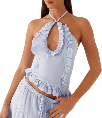 Passec Open Back Halter Tops for Women Bow Tie Back Ruched Ruffle Crop Tops Smocked Y2K Going Out Camisoles in Saudi Arabia