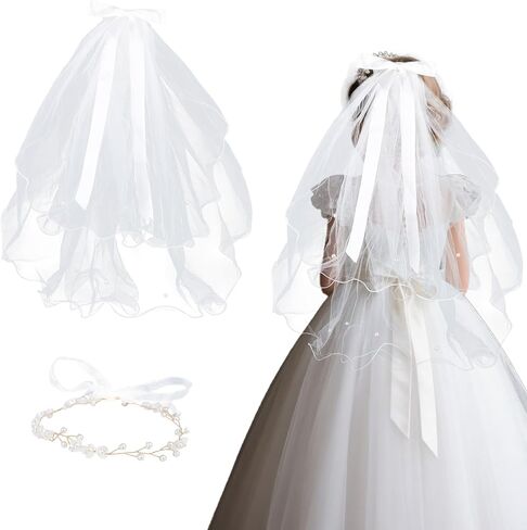 First Holy Compleion Viil For Girls ، White Ivory Tulle Veil with Pearl Flower Headpiece Dediter Headbled Bride Bride Bride Bachelorett in Saudi Arabia