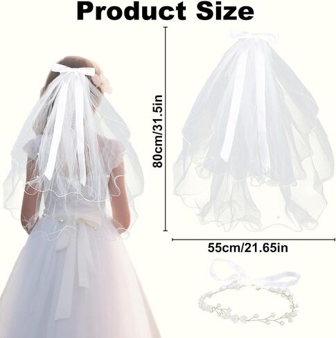 First Holy Compleion Viil For Girls ، White Ivory Tulle Veil with Pearl Flower Headpiece Dediter Headbled Bride Bride Bride Bachelorett in Saudi Arabia