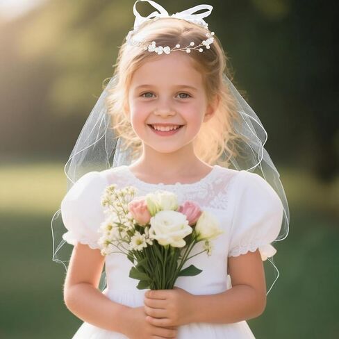 First Holy Compleion Viil For Girls ، White Ivory Tulle Veil with Pearl Flower Headpiece Dediter Headbled Bride Bride Bride Bachelorett in Saudi Arabia