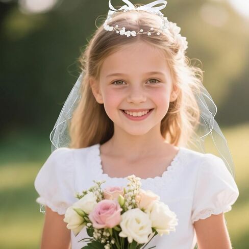 First Holy Compleion Viil For Girls ، White Ivory Tulle Veil with Pearl Flower Headpiece Dediter Headbled Bride Bride Bride Bachelorett in Saudi Arabia