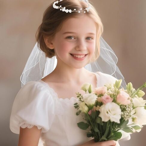 First Holy Compleion Viil For Girls ، White Ivory Tulle Veil with Pearl Flower Headpiece Dediter Headbled Bride Bride Bride Bachelorett in Saudi Arabia