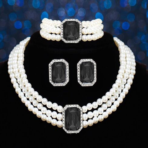Brishow Pearl Necklace Jewelry Set Wedding Pearls Earrings Necklaces Set Bridal Crystal Bracelet Jewelry for Women (Pack of 3) in Saudi Arabia