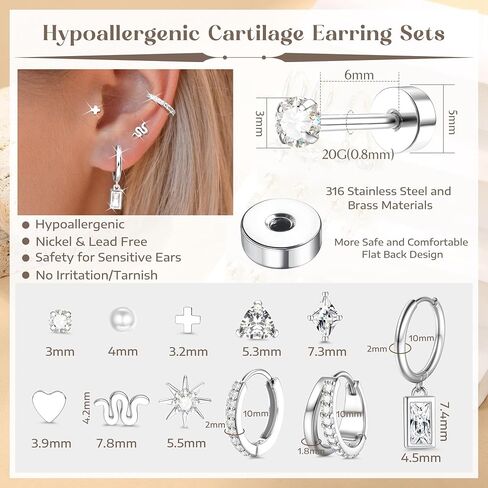 Hypoallergenic Gold Huggie Hoop Earrings Flat Back Earrings for Women Men Stainless Steel Cartilage Hoop Stud Earring Set for Multiple Piercing Small Flatback Tragus Helix Piercing Jewelry for Sensitive Ears in Saudi Arabia