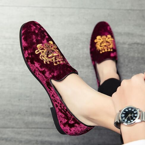 Men's Luxury Velvet Penny Loafers Shoes Embroidery Suede Dress Loafers Daily Boats Shoes for Party Wedding Prom Size 38-47 in Kuwait