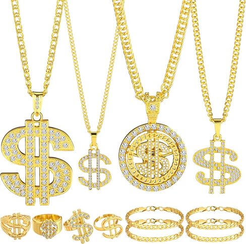 Remuuly 12 Pack Dollar Sign Necklace Fake Gold Chain Ring Bracelet Hip Hop 80s 90s Jewelry Set for Hip Hop Costumes Outfit Accessories Rapper Jewelry for Men Women in Saudi Arabia