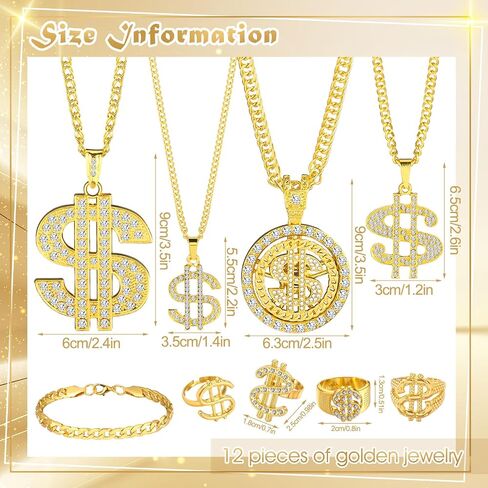 Remuuly 12 Pack Dollar Sign Necklace Fake Gold Chain Ring Bracelet Hip Hop 80s 90s Jewelry Set for Hip Hop Costumes Outfit Accessories Rapper Jewelry for Men Women in Saudi Arabia