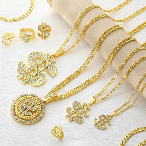 Remuuly 12 Pack Dollar Sign Necklace Fake Gold Chain Ring Bracelet Hip Hop 80s 90s Jewelry Set for Hip Hop Costumes Outfit Accessories Rapper Jewelry for Men Women in Saudi Arabia