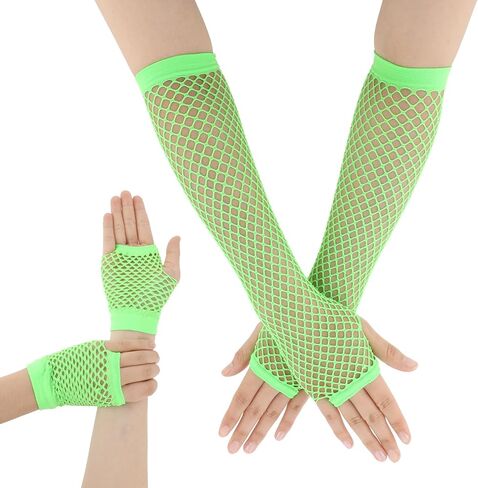 2 Pairs Neon Green Fishnet Arm Sleeves & Fingerless Gloves - Stretchy Mesh for Glow Party & Theme Costume Accessories for Women in Saudi Arabia