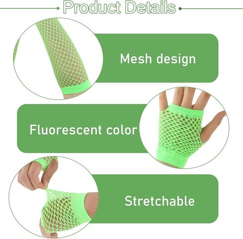 2 Pairs Neon Green Fishnet Arm Sleeves & Fingerless Gloves - Stretchy Mesh for Glow Party & Theme Costume Accessories for Women in Saudi Arabia