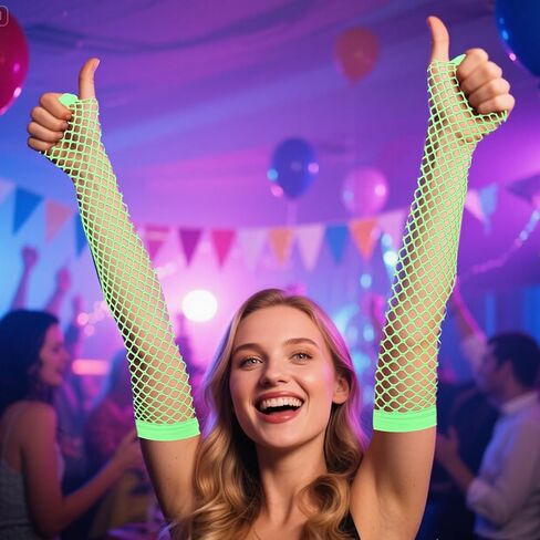 2 Pairs Neon Green Fishnet Arm Sleeves & Fingerless Gloves - Stretchy Mesh for Glow Party & Theme Costume Accessories for Women in Saudi Arabia
