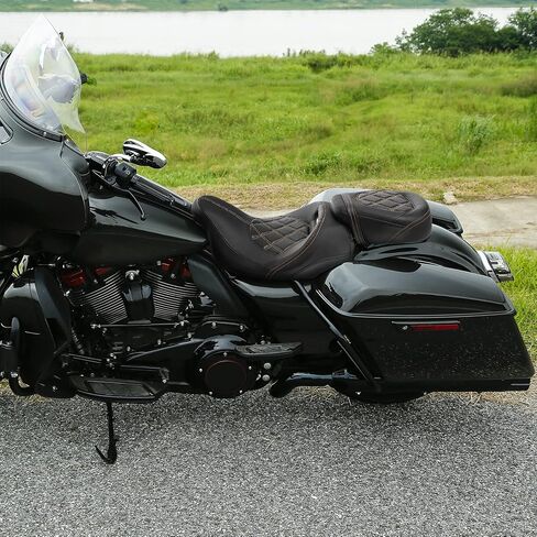XFMT-moto-part Low-Profile Leather Seat Pillion Passenger Rider Seat Set For Harley Touring Road King Street Glide Road Glide Electra Glide CVO 2009-2020,Orange Stitching,Style 2 in Saudi Arabia