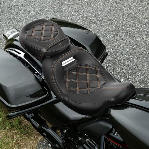 XFMT-moto-part Low-Profile Leather Seat Pillion Passenger Rider Seat Set For Harley Touring Road King Street Glide Road Glide Electra Glide CVO 2009-2020,Orange Stitching,Style 2 in Saudi Arabia