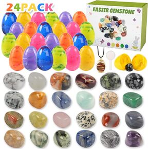 24 Pack Gem Filled Prefilled Easter Eggs, Gemstones Party Favors for Kids Prize Box Birthday Party Supplies, Easter Basket Stuffers, Easter Classroom Exchange Gift for Boys and Girls