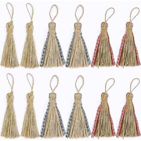 12 PCS Natural Jute Tassels, Christmas Rustic Tassels Natural Burlap Tassel Craft Tassels for DIY Wood Bead Garland Tassels Embellishing Cord Gift Tags Plaid Tassels