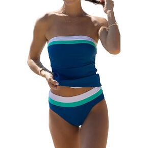 Beachsissi Bandeau Swimsuits for Women Strapless Swimwear Bathing Suits Tummy Control Color Block Tankini Sets