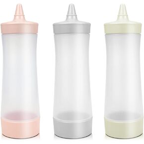 DOERDO 3Pcs Plastic Squeeze Bottles for Sauce Condiment Salad Dressing Tomato Sauce Olive Oil BBQ, 12oz with Lid (Light, Grey, Yellow)