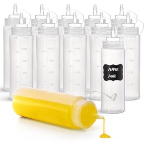 Kingrol 12 Pk. Plastic Squeeze Bottles, 16 oz Squirt Condiment Bottle with Measurements - for Food, Crafts, Art