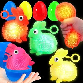 8 Pack Jumbo Easter Eggs Filled Larger Bunny Puffer Balls for Kids, Light Up Squeeze Balls Bunny Stress Relief Fidget Toys for Easter Basket Stuffers Party Favor Easter Egg Hunt Fillers