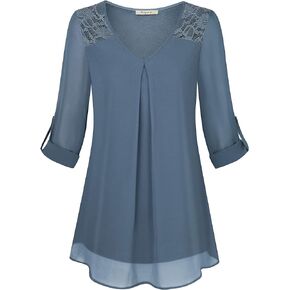 Bebonnie Womens Roll-Up 3/4 Sleeve Top Casual V Neck Layered Chiffon Lace Blouses