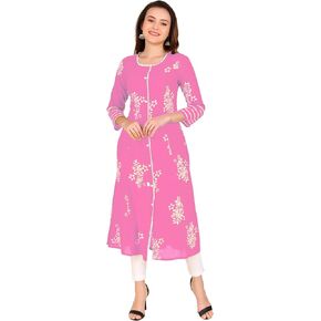 ladyline Cotton Lace Long Tunic Top Button Down Princess Front Slit Indian Kurti Kurta Dress