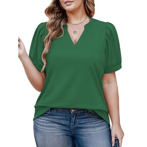 Womens Plus Size Tops Summer Puff Sleeve Shirts Casual Pleated Notched V Neck Tunics Tee XL-5XL