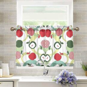 Apple Cartoon Half Window Tier Curtains Natural Polyester for Kitchen Bathroom Short Curtains,Set of 2 Panel