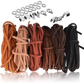 6 Rolls x 5.5 Yards Faux Leather Cord Suede Cord String Rope Thread, for Jewelry Making Beading Necklace Bracelet Crafts with 100pcs Cord Ends, 20pcs Lobster Clasps (6 Colors 3mm x 5M)