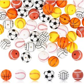 30 Pcs Sports Silicone Beads, 15mm Silicone Focal Beads for Keychain Making, Basketball Soccer Baseball Football Volleyball Silicone Beads, Rubber Loose Beads for Pens Crafts Necklace Bracelet Lanyard
