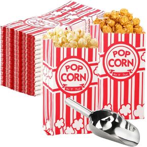 200pcs Popcorn Bags Paper for Movie Night, Classic Red and White with Stainless Steel Popcorn Scoop Popcorn Machine, Movie Theater Decor Popcorn Container, Carnival Circus Party Popcorn Bowl
