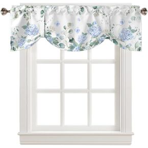 Tie Up Valances for Windows, Eucalyptus Leaves Blue Hydrangea Flower Adjustable Rod Pocket Short Curtain Windows Treatment Curtains for Kitchen Living Room, 60 x 18Inch, 1 Panel