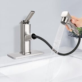 Bathroom Sink Faucet with Pull Out Sprayer, 3 Water Flow Modes Modern Bathroom Faucet with Pop-up Drain Stopper, Single Hole Pull Down Vessel Sink Faucet (Black)