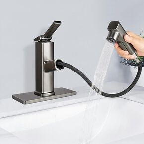Bathroom Sink Faucet with Pull Out Sprayer, 3 Water Flow Modes Modern Bathroom Faucet with Pop-up Drain Stopper, Single Hole Pull Down Vessel Sink Faucet (Black)