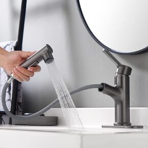 صنبور حوض الحمام مع بخاخ سحب، ثلاثة أوضاع لتدفق المياه من النحاس بمقبض واحد، صنبور حوض حمام أسود للمياه الساخنة والباردة، صنبور حوض الغرور