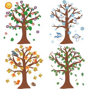 Spakon 168 Pieces Classroom Tree Bulletin Board Set Winter Fall Spring Summer Seasonal Tree Family Board Decor with Seasonal Cutouts for Back to School Decor
