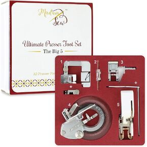 Madam Sew Big 5 Sewing Foot Attachments in Deluxe Case with Booklet & Low Shank Snap-On Adapter | Includes Walking Foot, Quilting Foot, Adjustable Guide, Flower Stitch Foot, & Rolled Hem Foot