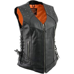 Milwaukee Leather MLL4504 Women's Classic Black Leather V-Neck Riveted Motorcycle Rider Vest with Side Lace