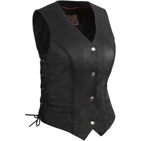 Womens Braided Motorcycle Leather Vest With Side Laces (Black, Size L)