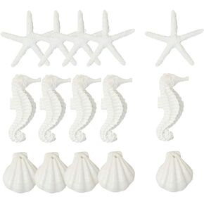15pcs White Resin Pencil Finger Starfish Seahorse & Seashells Set Decorative Ornaments for Wedding Decor, Home Decor and Craft Project