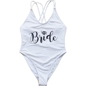 Women Bride Wifey One Piece Bathing Suit High Cut Beach Wear Monokini Cross Back with Pad