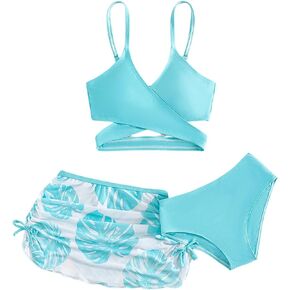 Milumia Girl's 3 Pieces Bikini Set Tropical Print Criss Cross Wrap Bathing Suit with Beach Skirt