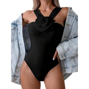 Floerns Women's One Piece Swimsuit Flower Appliques High Neck Monokini Swimwear
