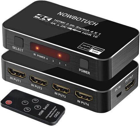 4K 60Hz 4x1 HDMI Switch 4 Ports HDMI 2.0 Switcher Selector 4 in 1 Out HDMI Splitter with IR Remote Supports HDCP 2.2 Ultra HD HDR10 3D HD1080P Dolby DST for PS4 Xbox Fire Stick PC and More in Kuwait