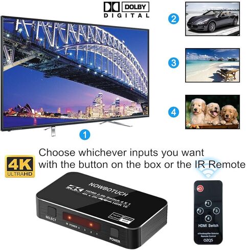 4K 60Hz 4x1 HDMI Switch 4 Ports HDMI 2.0 Switcher Selector 4 in 1 Out HDMI Splitter with IR Remote Supports HDCP 2.2 Ultra HD HDR10 3D HD1080P Dolby DST for PS4 Xbox Fire Stick PC and More in Kuwait