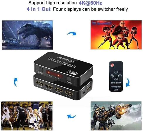 4K 60Hz 4x1 HDMI Switch 4 Ports HDMI 2.0 Switcher Selector 4 in 1 Out HDMI Splitter with IR Remote Supports HDCP 2.2 Ultra HD HDR10 3D HD1080P Dolby DST for PS4 Xbox Fire Stick PC and More in Kuwait
