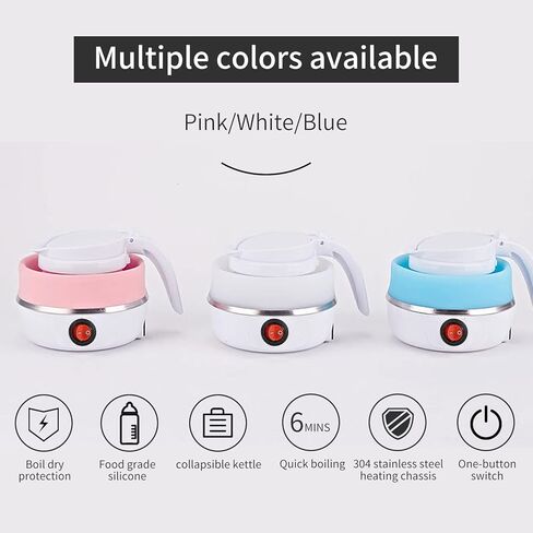 Electric Portable Kettle, Travel Kettle, Camping Kettle, Travel Foldable Kettle with Silicone Electric Insulation Heating Boiler Tea Pot for Camping 600ml, White TKWT01 in Kuwait