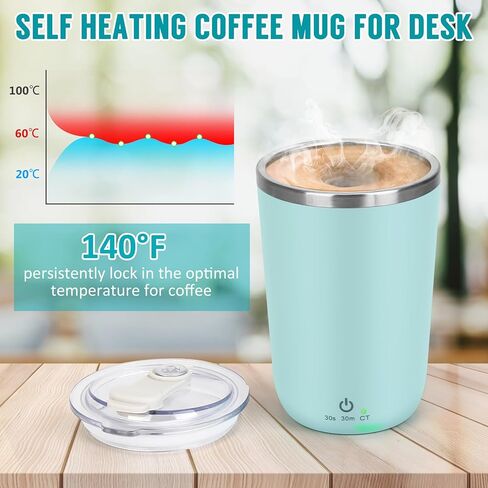 كوب قهوة يمكن التحكم في درجة حرارته، كوب تسخين ذاتي يصل إلى 140 درجة فهرنهايت، كوب قهوة ذاتي التحريك 2 في 1 مع غطاء، كوب خلط ذاتي الإغلاق للقهوة والشاي والكاكاو 13oz in Kuwait
