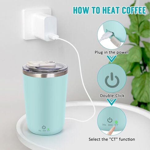 كوب قهوة يمكن التحكم في درجة حرارته، كوب تسخين ذاتي يصل إلى 140 درجة فهرنهايت، كوب قهوة ذاتي التحريك 2 في 1 مع غطاء، كوب خلط ذاتي الإغلاق للقهوة والشاي والكاكاو 13oz in Kuwait