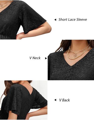 فستان أمومة من OUGES للسيدات 2023 مزين بالدانتيل بأكمام قصيرة ورقبة على شكل V لالتقاط الصور عند استحمام الطفل فستان متوسط ​​الطول للحمل in Kuwait