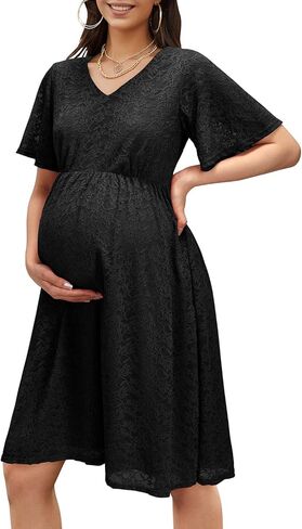 فستان أمومة من OUGES للسيدات 2023 مزين بالدانتيل بأكمام قصيرة ورقبة على شكل V لالتقاط الصور عند استحمام الطفل فستان متوسط ​​الطول للحمل in Kuwait